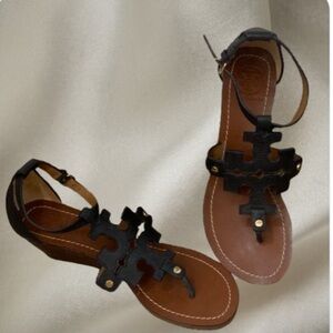 Tory Burch Chandler Wedge Sandals Leather Navy Blue Color Size 8.5